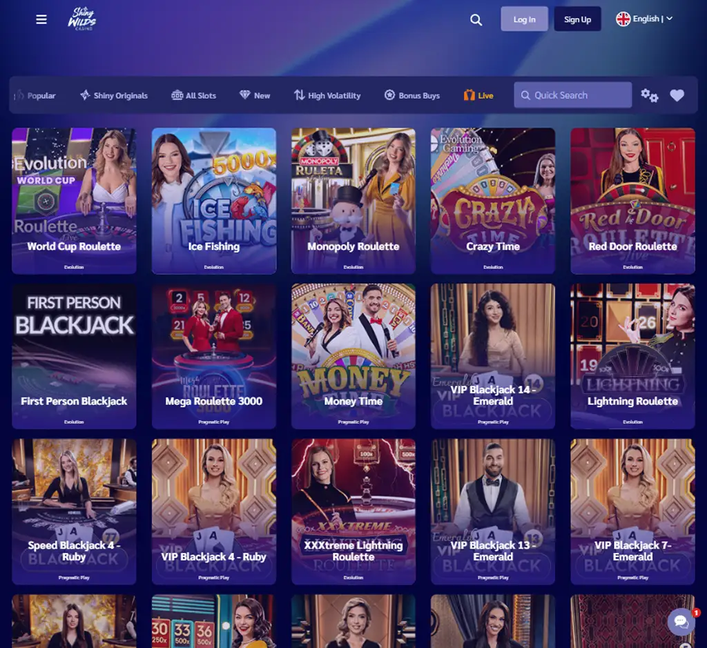 Shiny Wilds Casino desktop live casino lobby screenshot featuring live dealer games and real-time streaming interface - review testing