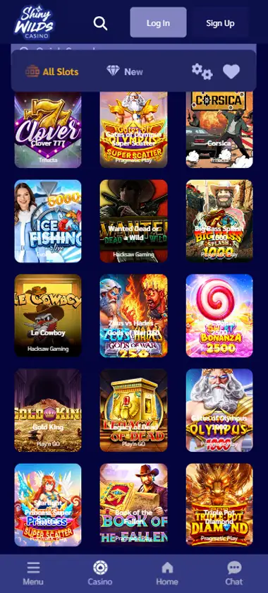 Shiny Wilds Casino mobile slots interface screenshot showing slot game selection with popular titles and filtering options - captured during platform testing