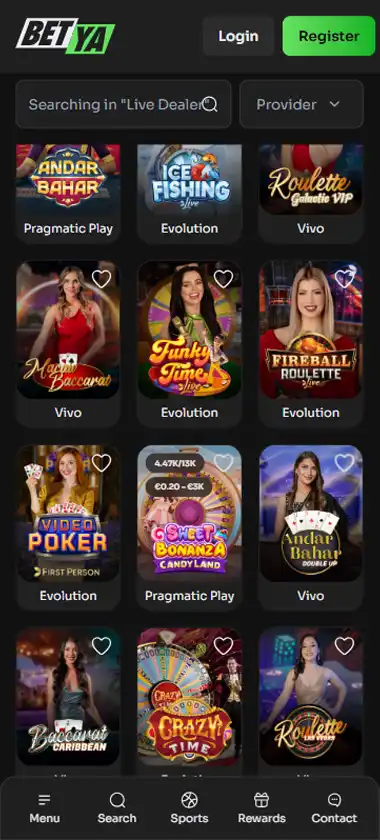 BetYa Casino mobile live casino interface screenshot showing live dealer tables including blackjack and roulette - tested