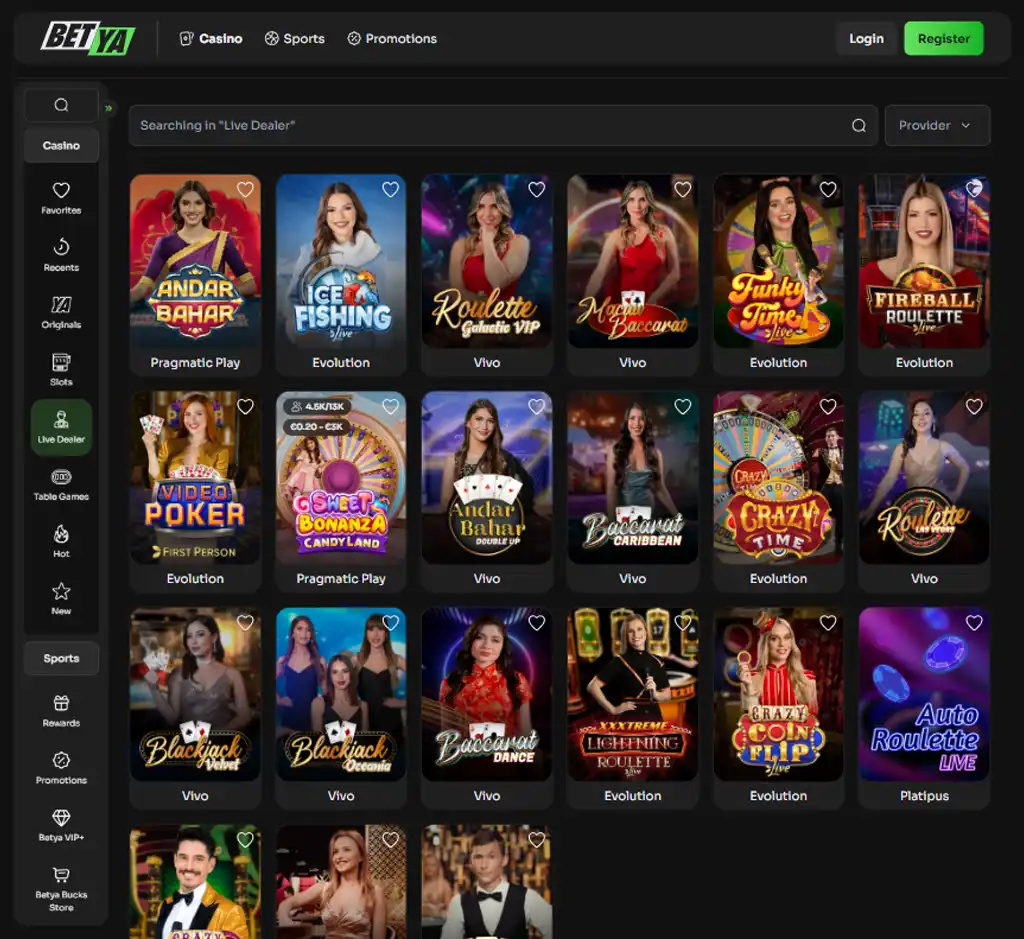 BetYa Casino desktop live casino lobby screenshot featuring live dealer games and real-time streaming interface - review testing
