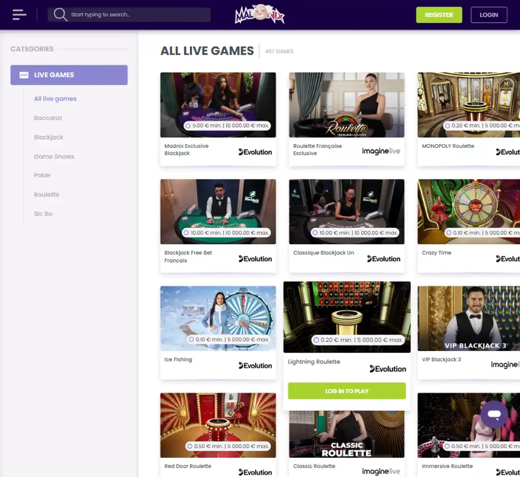 Madnix Casino desktop live casino lobby screenshot featuring live dealer games and real-time streaming interface - review testing