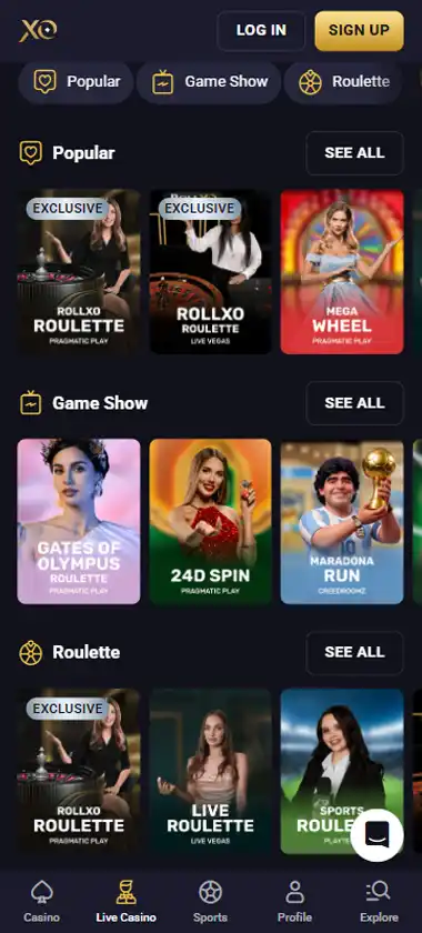 RollXO Casino mobile live casino interface screenshot showing live dealer tables including blackjack and roulette - tested