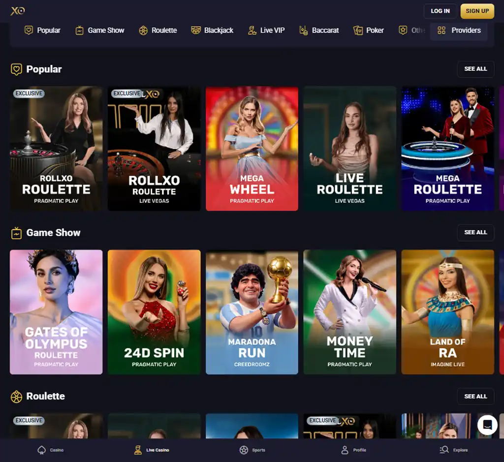 RollXO Casino desktop live casino lobby screenshot featuring live dealer games and real-time streaming interface - review testing