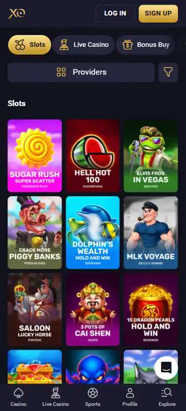 RollXO Casino mobile slots interface screenshot showing slot game selection with popular titles and filtering options - captured during platform testing