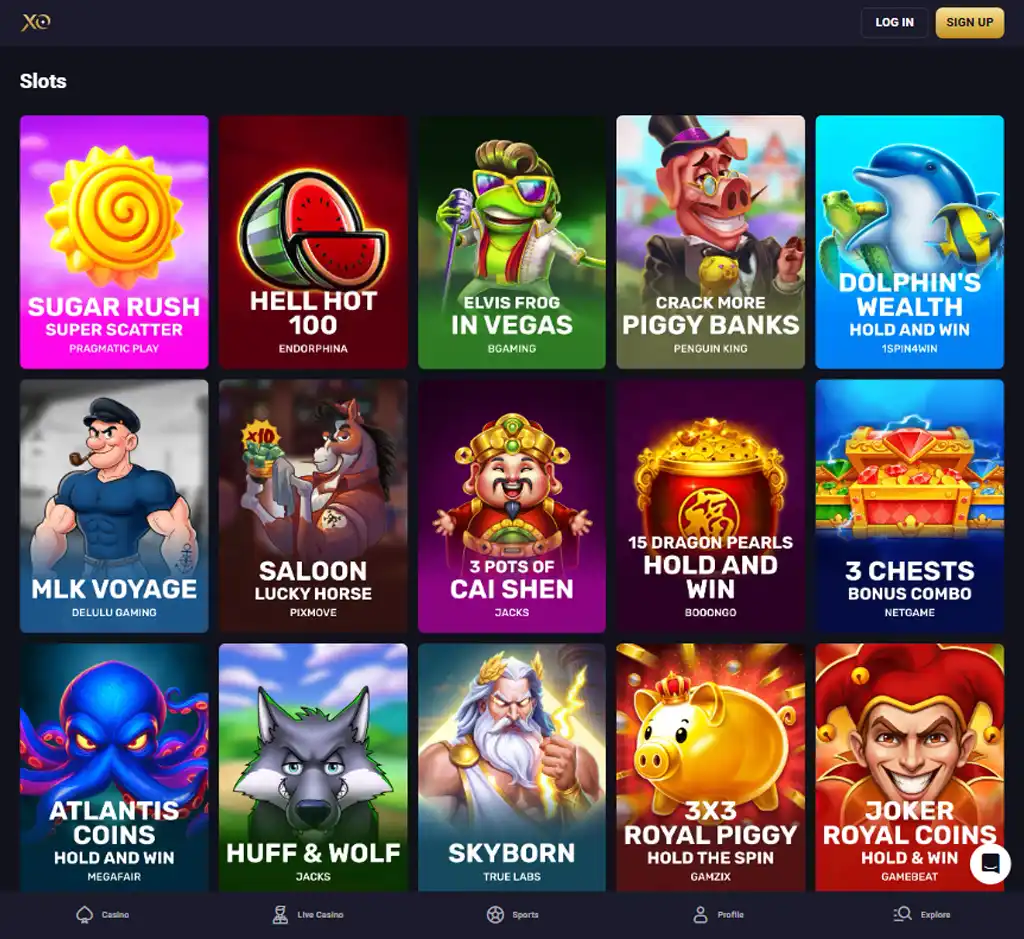 RollXO Casino desktop slots lobby screenshot presenting variety of slot games with categories and providers - verified