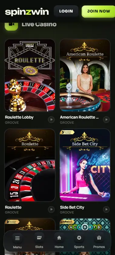 SpinzWin Casino mobile live casino interface screenshot showing live dealer tables including blackjack and roulette - tested SpinzWin Casino mobile live casino interface screenshot showing live dealer tables including blackjack and roulette - tested