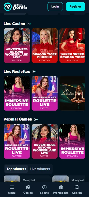 Gamble Gorilla Casino mobile live casino interface showing live dealer tables including blackjack and roulette - captured during platform testing