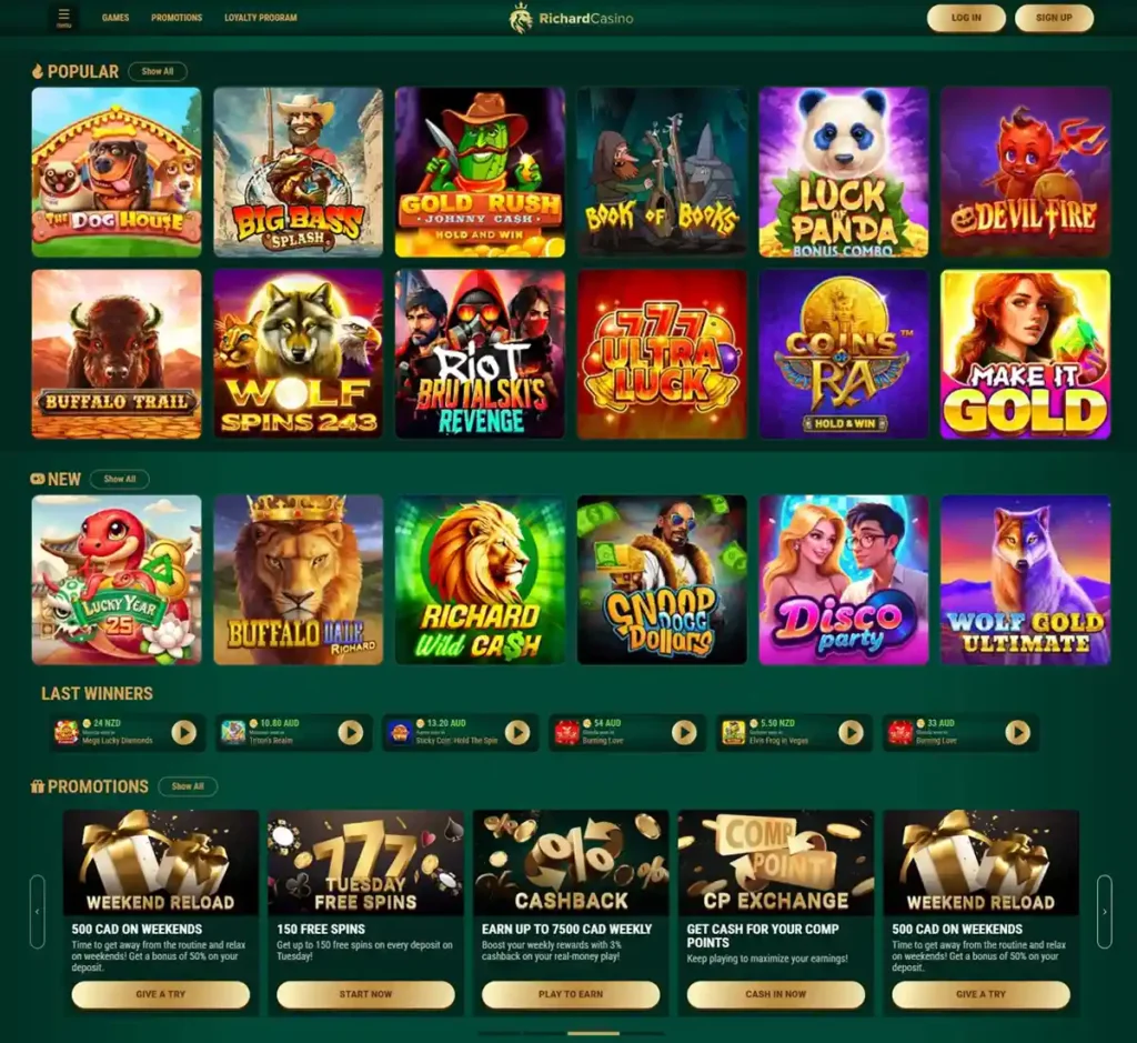 Richard Casino desktop homepage screenshot displaying main casino lobby with featured games, promotions and navigation menu - tested