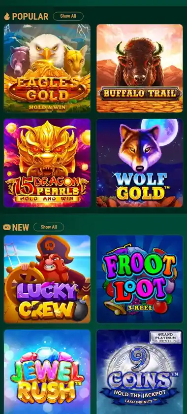 Richard Casino mobile homepage screenshot showing main casino lobby with featured games and promotions - captured during platform testing