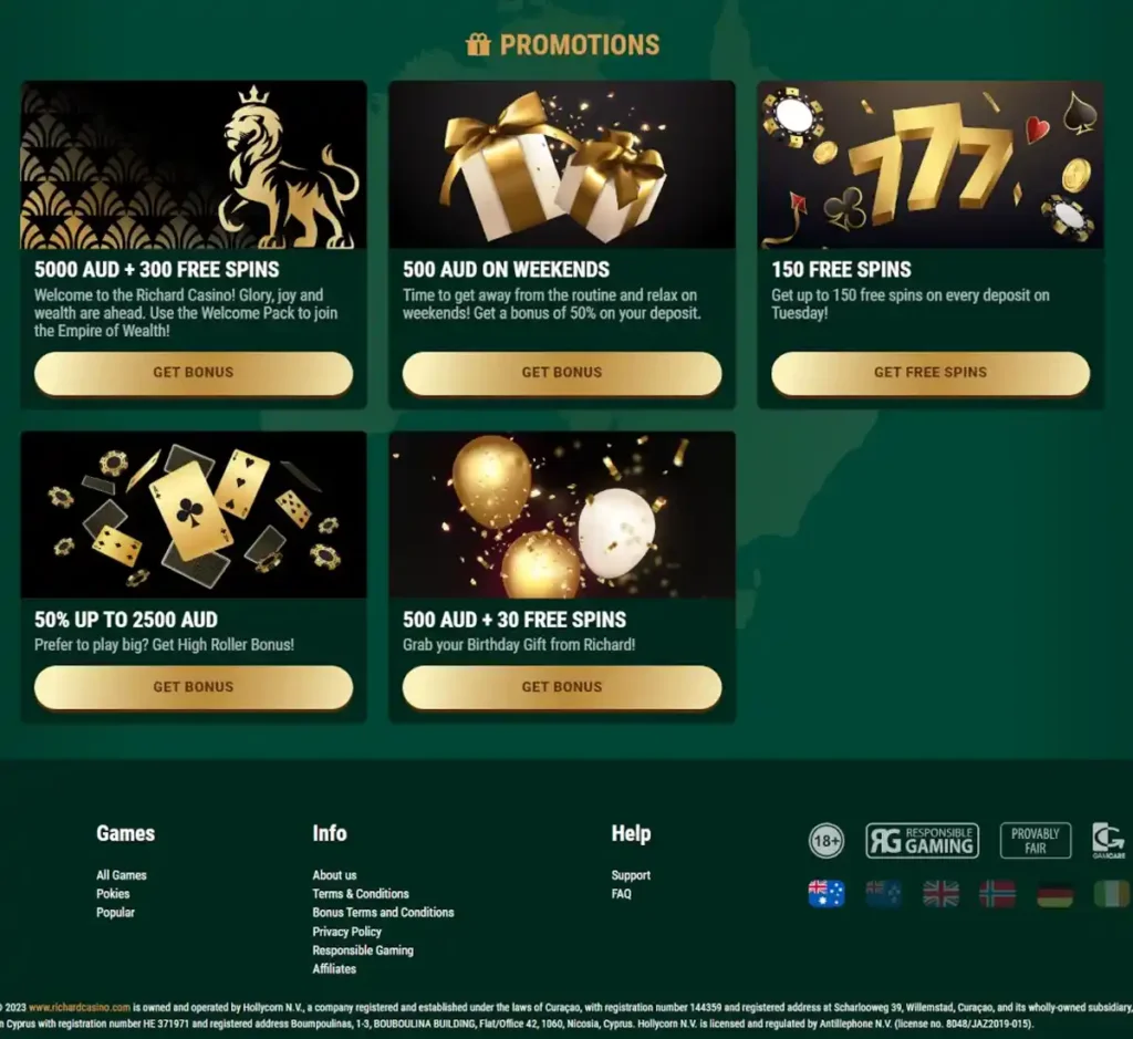 Richard Casino desktop promotions page displaying current casino bonuses, promotional offers and available player rewards - tested Richard Casino desktop promotions page displaying current casino bonuses, promotional offers and available player rewards - tested