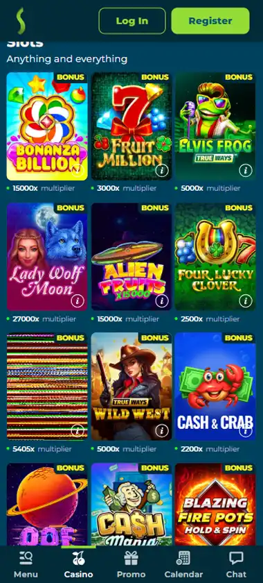 StakeMania Casino mobile slots interface showing slot game selection with popular titles and filtering options - captured during platform testing