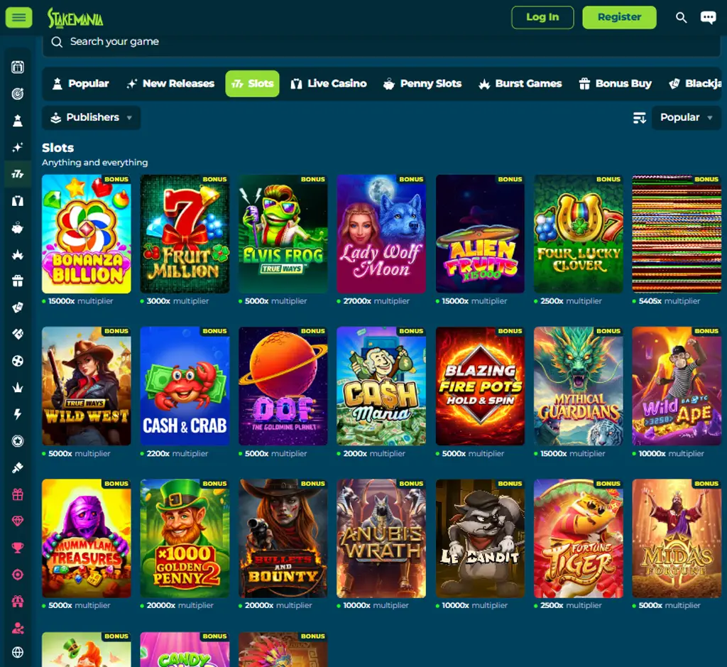 StakeMania Casino desktop slots lobby presenting a variety of slot games with categories and providers - tested
