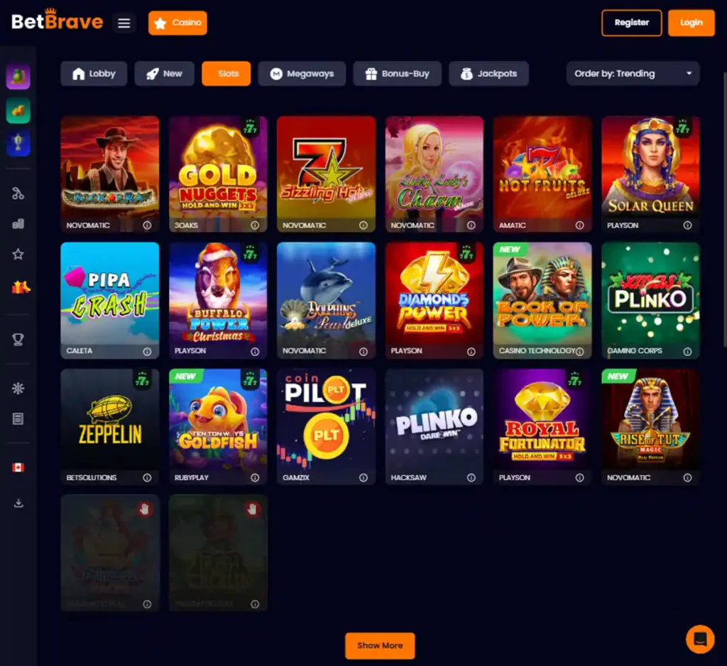 BetBrave Casino desktop slots lobby presenting a variety of slot games with categories and providers - tested BetBrave Casino desktop slots lobby presenting a variety of slot games with categories and providers - tested