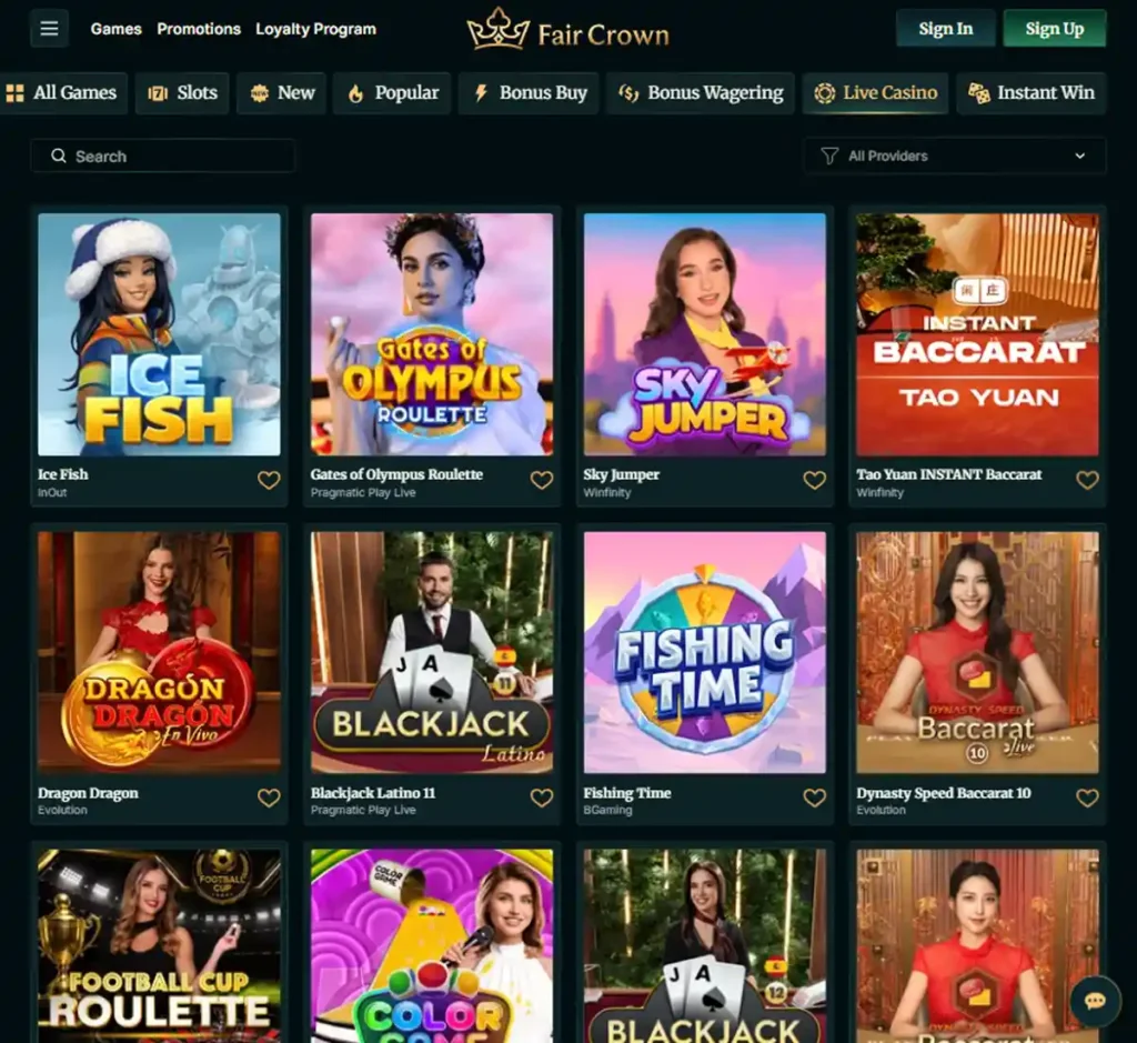 FairCrown Casino desktop live casino lobby featuring live dealer games and real-time streaming interface - tested