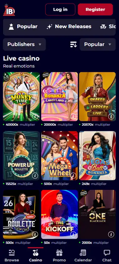IntellectBet Casino mobile live casino interface showing live dealer tables including blackjack and roulette - captured during platform testing