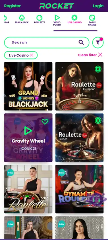 Casino Rocket desktop live casino lobby featuring live dealer games and real-time streaming interface - tested