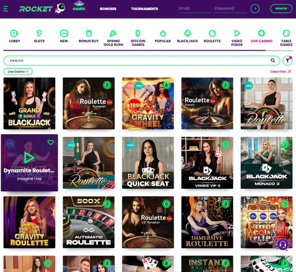 Casino Rocket desktop live casino lobby featuring live dealer games and real-time streaming interface - tested