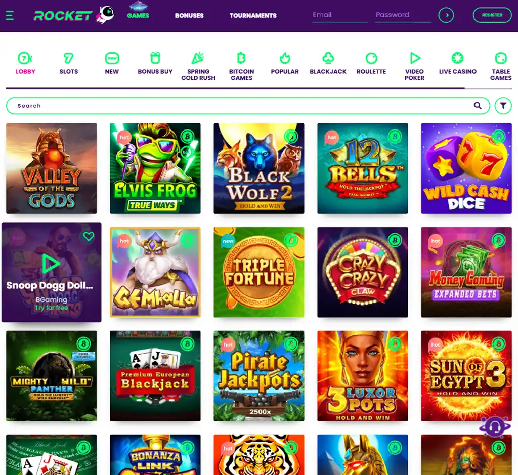 Casino Rocket desktop homepage screenshot displaying main casino lobby with featured games, promotions and navigation menu - tested