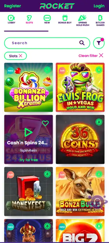 Casino Rocket mobile slots interface showing slot game selection with popular titles and filtering options - captured during platform testing
