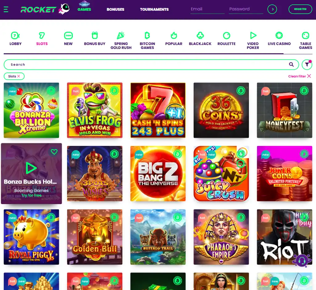 Casino Rocket desktop slots lobby presenting a variety of slot games with categories and providers - tested