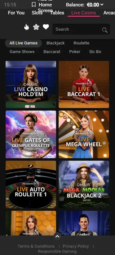 Spin Galaxy Casino mobile live casino interface showing live dealer tables including blackjack and roulette - captured during platform testing Spin Galaxy Casino mobile live casino interface showing live dealer tables including blackjack and roulette - captured during platform testing