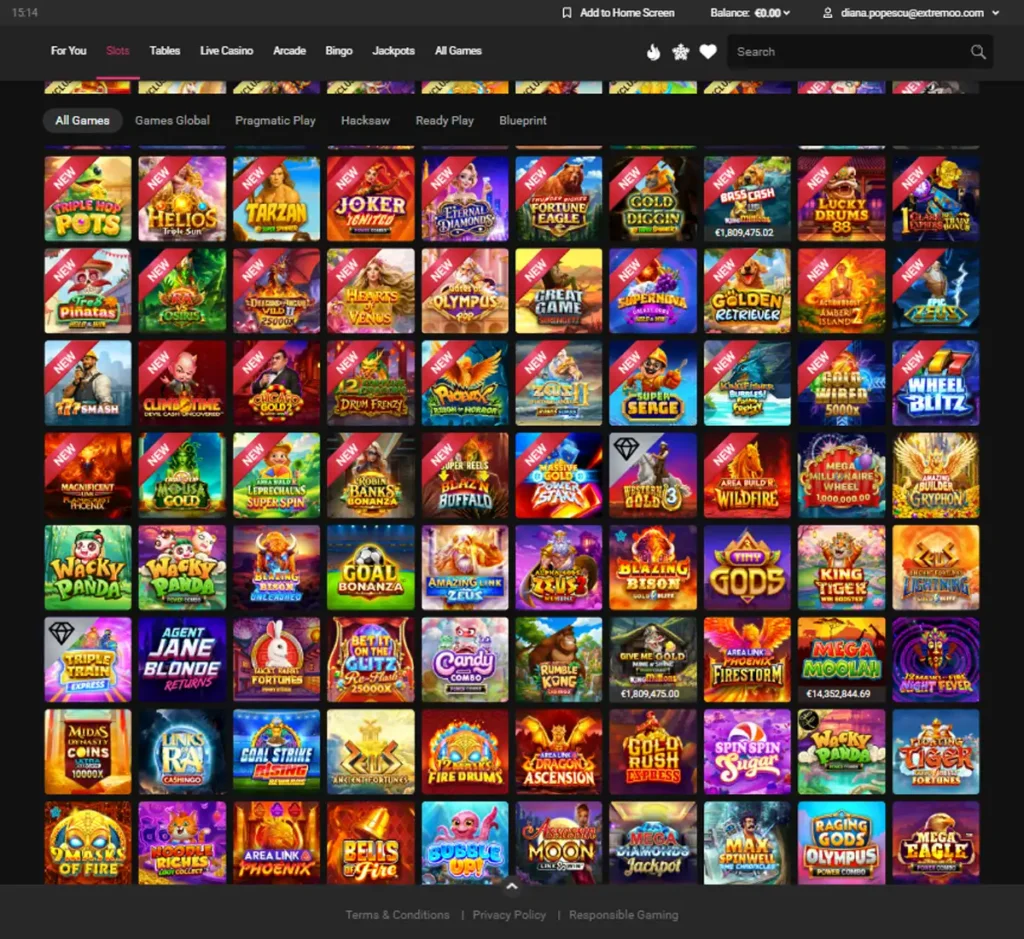 Spin Galaxy Casino desktop slots lobby presenting a variety of slot games with categories and providers - tested