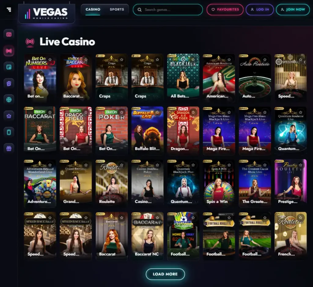 Vegas Mobile Casino desktop live casino lobby featuring live dealer games and real-time streaming interface - tested