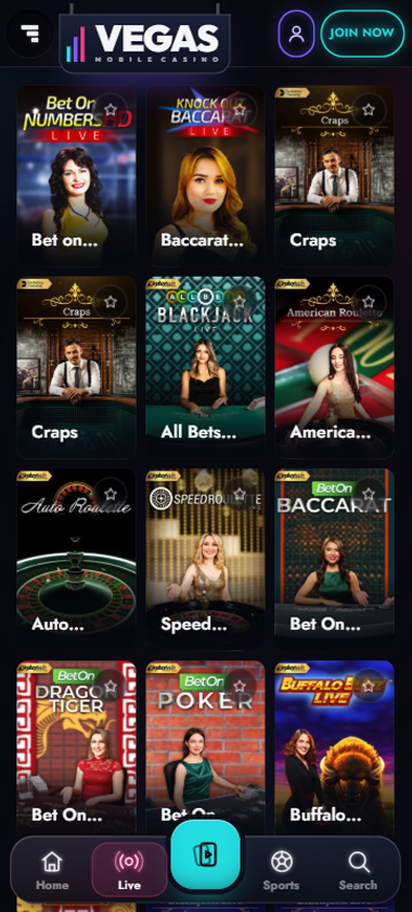 Vegas Mobile Casino mobile live casino interface showing live dealer tables including blackjack and roulette - captured during platform testing