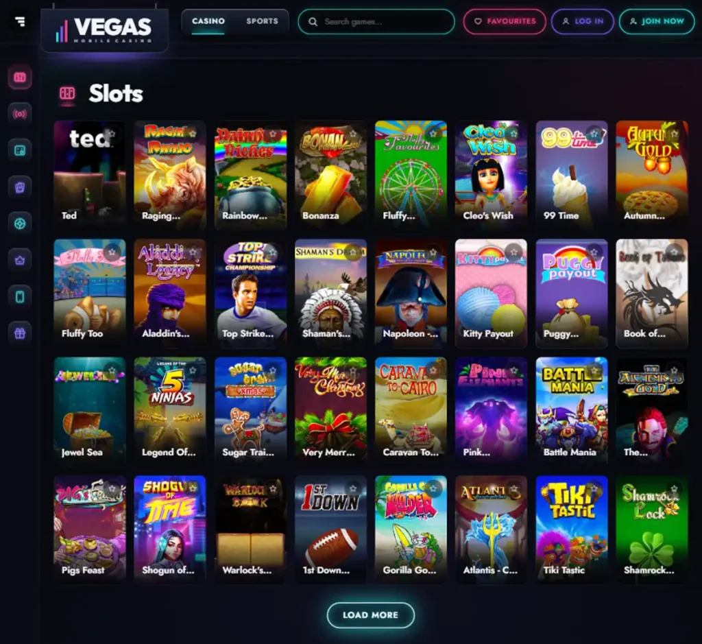 Vegas Mobile Casino desktop slots lobby presenting a variety of slot games with categories and providers - tested