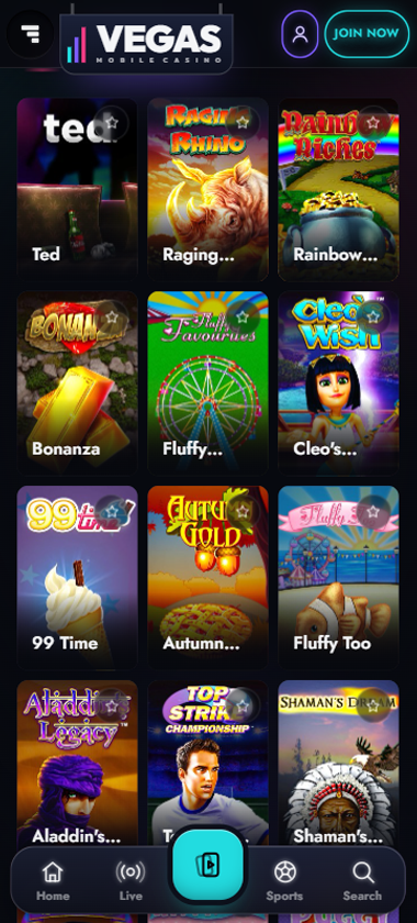 Vegas Mobile Casino mobile slots interface showing slot game selection with popular titles and filtering options - captured during platform testing