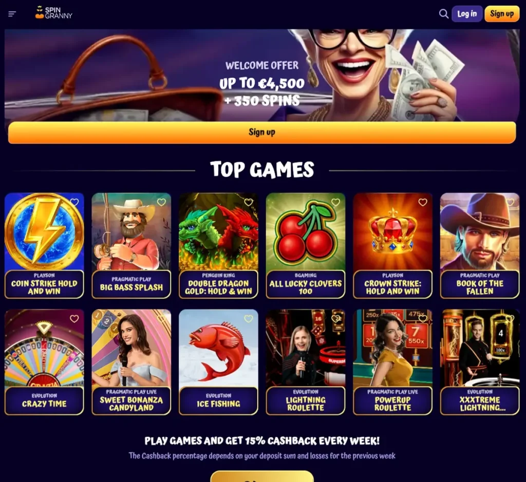 SpinGranny Casino desktop homepage screenshot displaying main casino lobby with featured games, promotions and navigation menu - tested