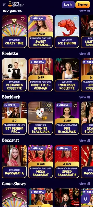 SpinGranny Casino mobile live casino interface showing live dealer tables including blackjack and roulette - captured during platform testing