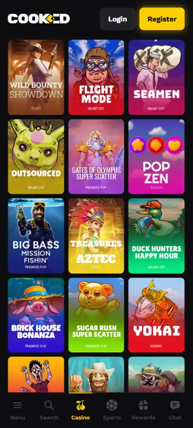 Cooked Casino mobile slots interface showing slot game selection with popular titles and filtering options - captured during platform testing