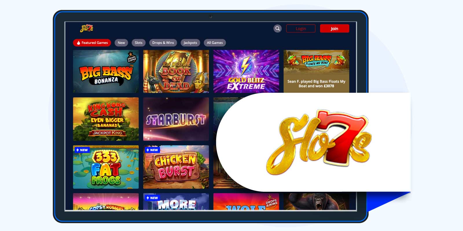 Slo7s Casino: 100% up to £50 + 50 Free Spins on Starburst - Best 100% Deposit Bonus with Low Wagering Requirements