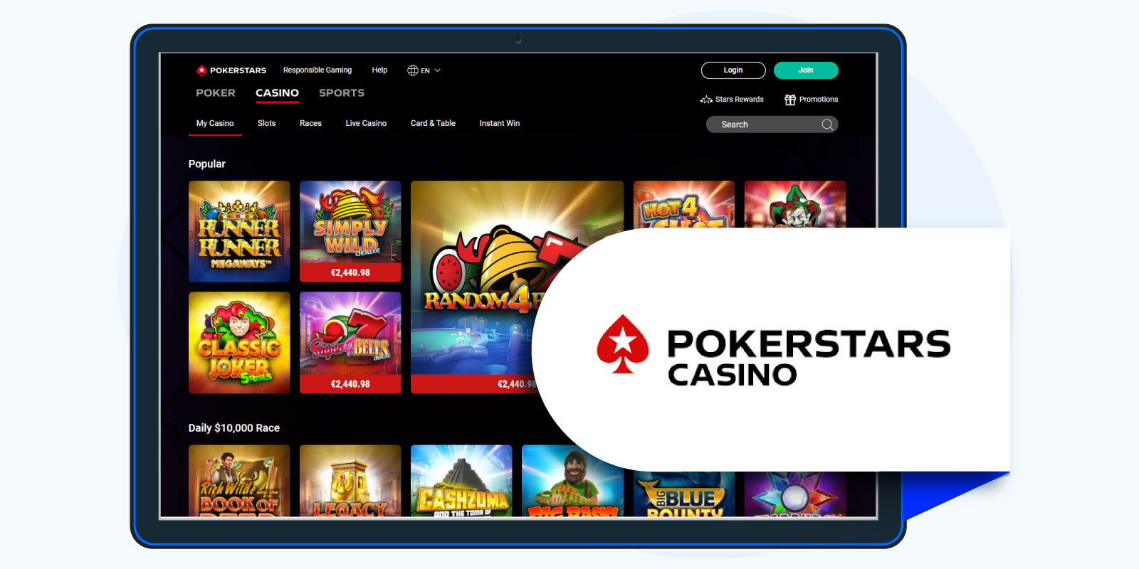 PokerStars Casino: 100% up to £500 + 50 Free Spins - Best 100% Deposit Bonus with Low Wagering