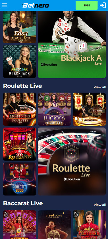 Betnero Casino mobile live casino screenshot displaying real-dealer tables including roulette, blackjack and baccarat with compact lobby layout – tested