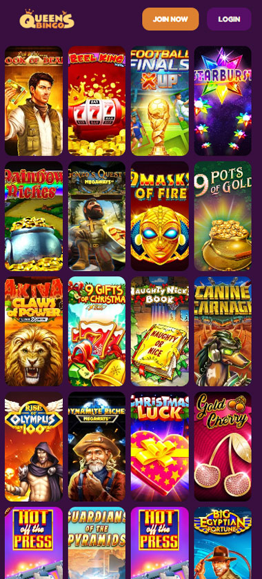 Queen's Bingo mobile casino interface screenshot showing vertical game grid with Book of Dead, Reel King, Football Finals X Up, and Starburst titles - tested