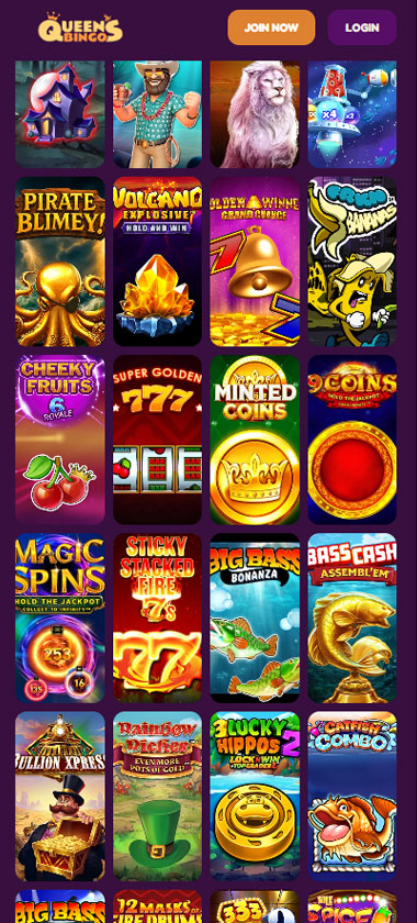 Queen's Bingo mobile slots section screenshot showing compact game grid with Volcano Explosive, Super Golden 777, Minted Coins, and Big Bass Bonanza tiles - tested