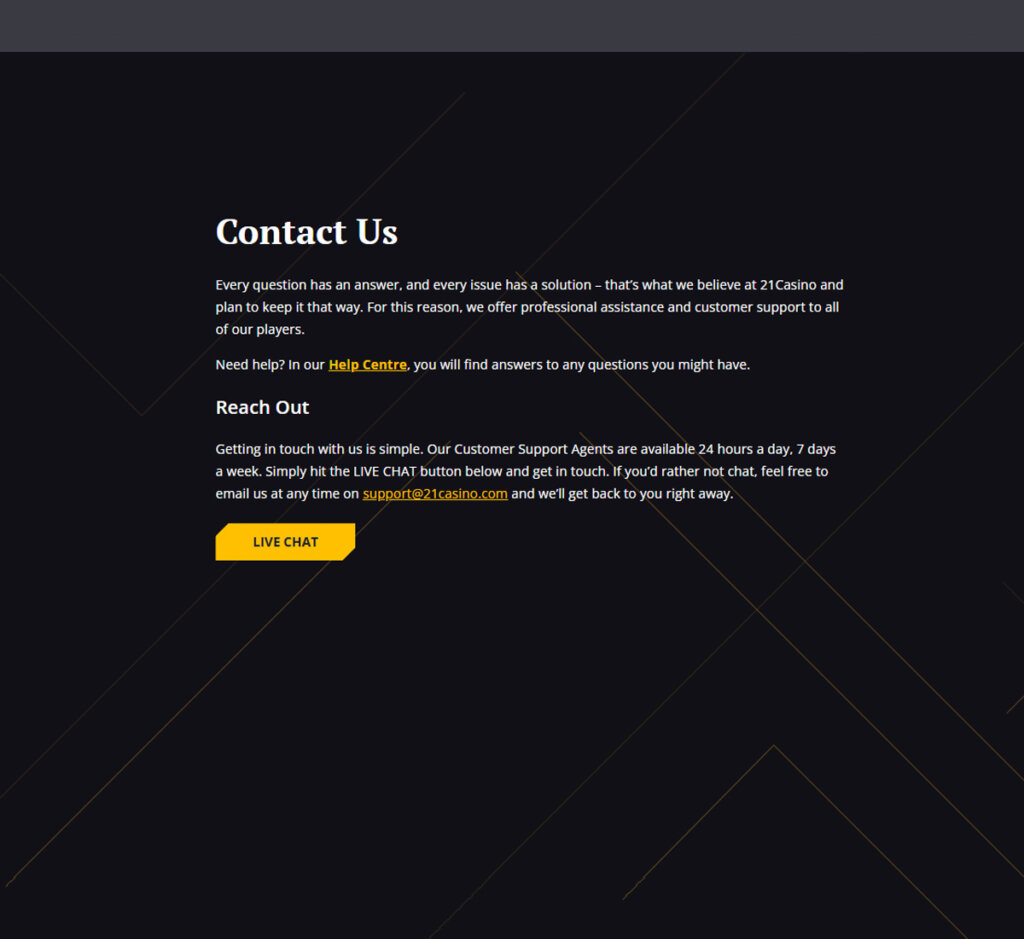 21Casino desktop support page screenshot showing customer service options including live chat, FAQ and email contact – tested 21Casino desktop support page screenshot showing customer service options including live chat, FAQ and email contact – tested