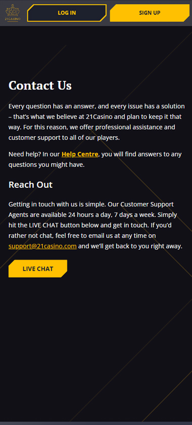 21Casino mobile support interface screenshot showing live chat access, help center categories and contact options – tested 21Casino mobile support interface screenshot showing live chat access, help center categories and contact options – tested