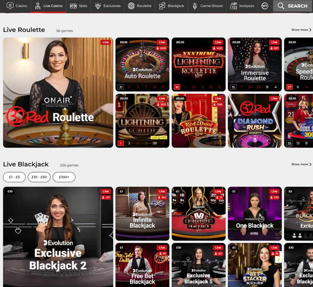 32Red Casino desktop live casino screenshot featuring live blackjack, baccarat, and roulette – tested