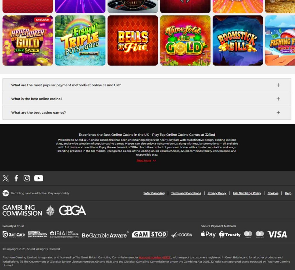 32Red Casino banking page screenshot displaying available payment and deposit methods including Visa and e-wallets – tested