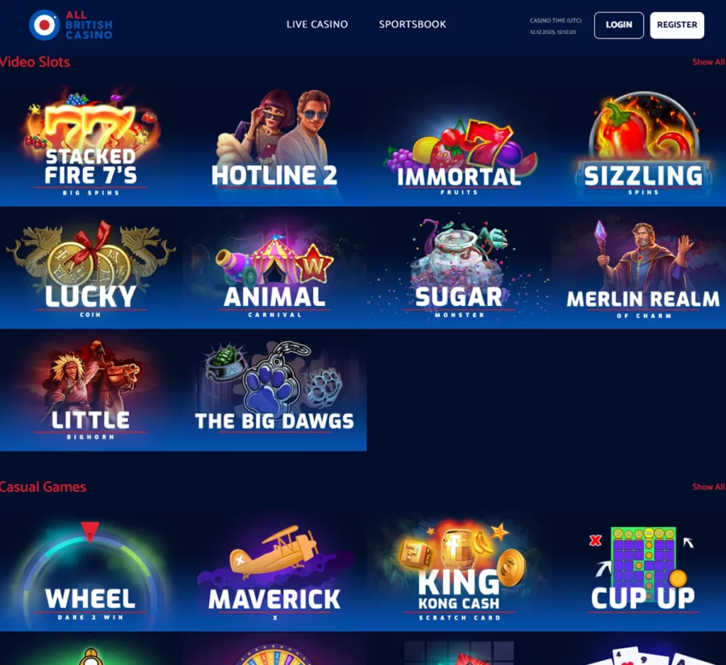 All British Casino desktop game lobby screenshot with featured games, categories, and navigation menu – tested