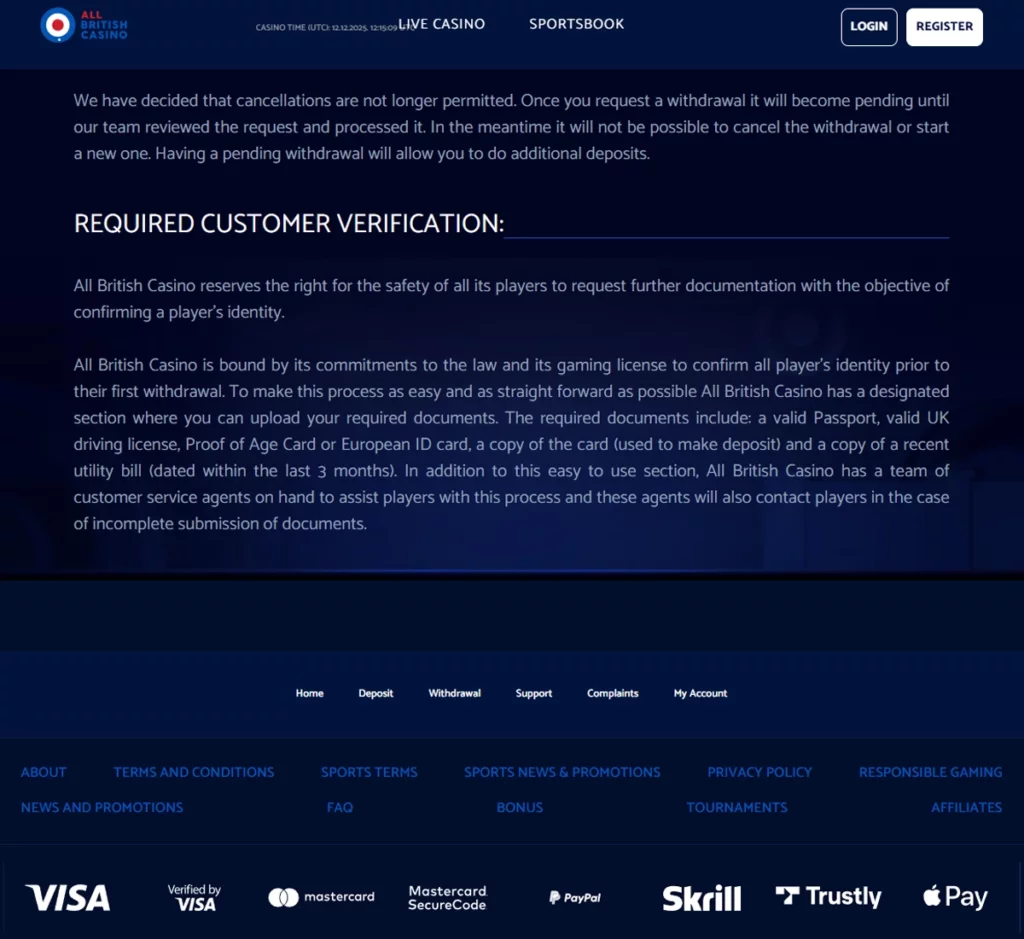 All British Casino desktop payment methods screenshot displaying available deposit and withdrawal options – tested