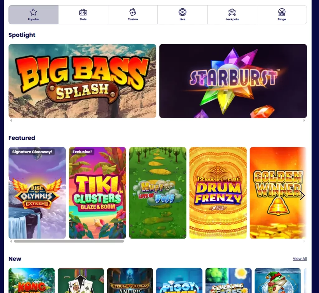 Bingo Games Casino desktop game lobby screenshot showing bingo rooms, slots, and navigation menu – tested