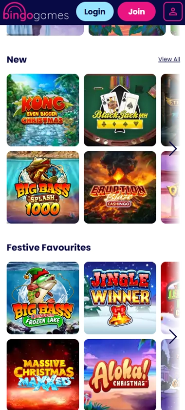 Bingo Games Casino mobile game selection screenshot displaying bingo games, slots, and categories – tested