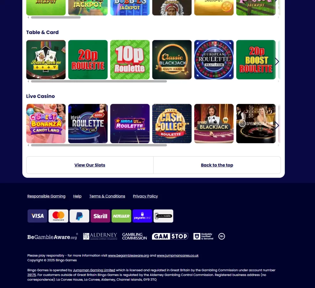 Bingo Games Casino desktop payment methods screenshot showing available deposit options and banking icons – tested