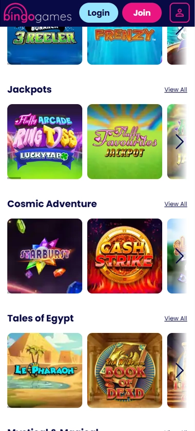 Bingo Games Casino mobile slots screenshot showing slot game thumbnails and filtering options – tested