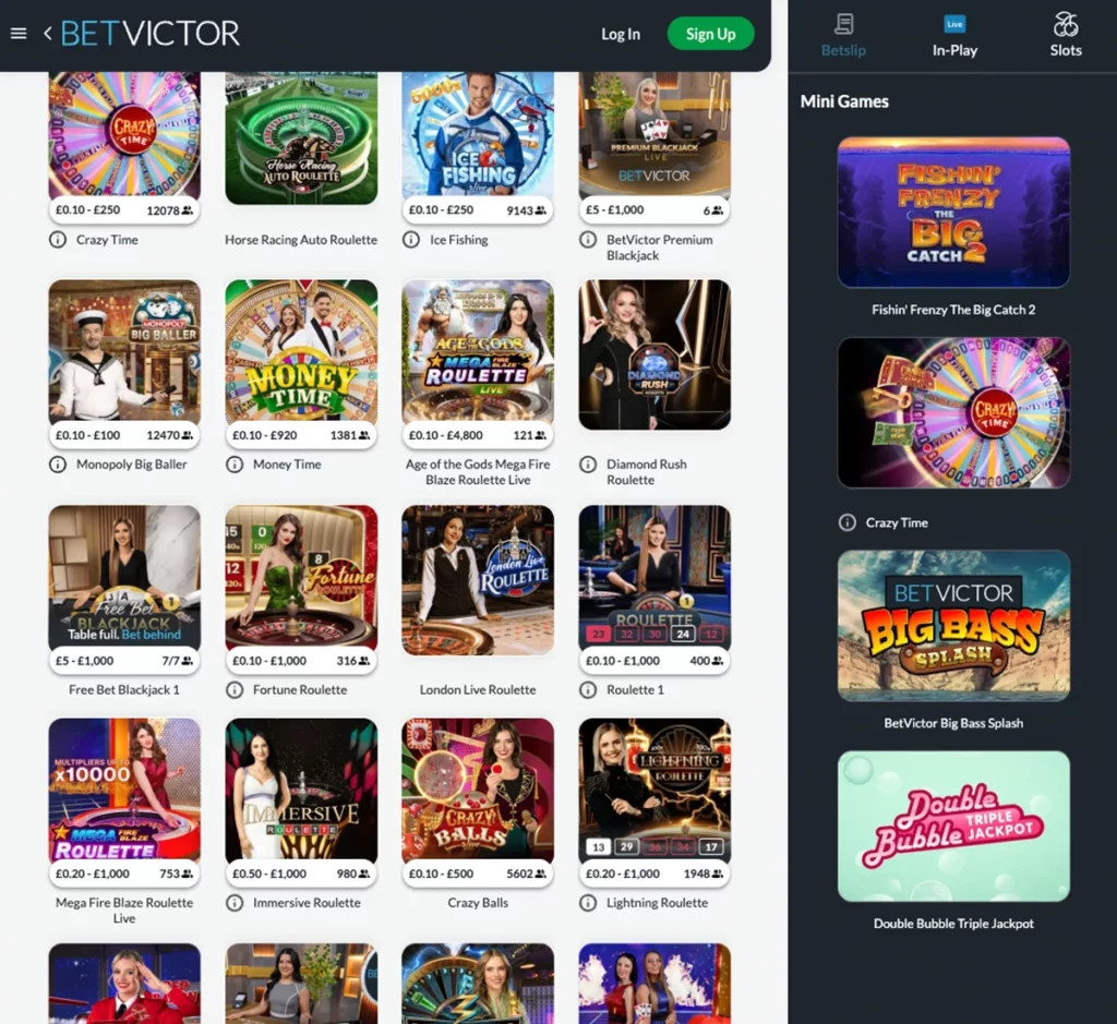 BetVictor Casino desktop live casino screenshot displaying live dealer tables, streaming interface, and game selection grid on widescreen layout - tested