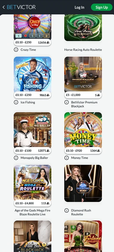 BetVictor Casino mobile live casino screenshot showing live dealer tables, game thumbnails, and lobby navigation on smartphone interface - tested